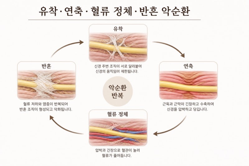 신경 유착·연축·혈류 정체·반흔이 서로 맞물려 반복되는 악순환 구조도